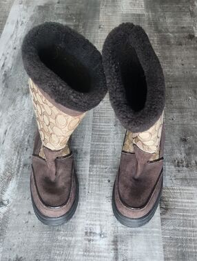 Coach Brown Signature Monogram Shearling Trim  Boots